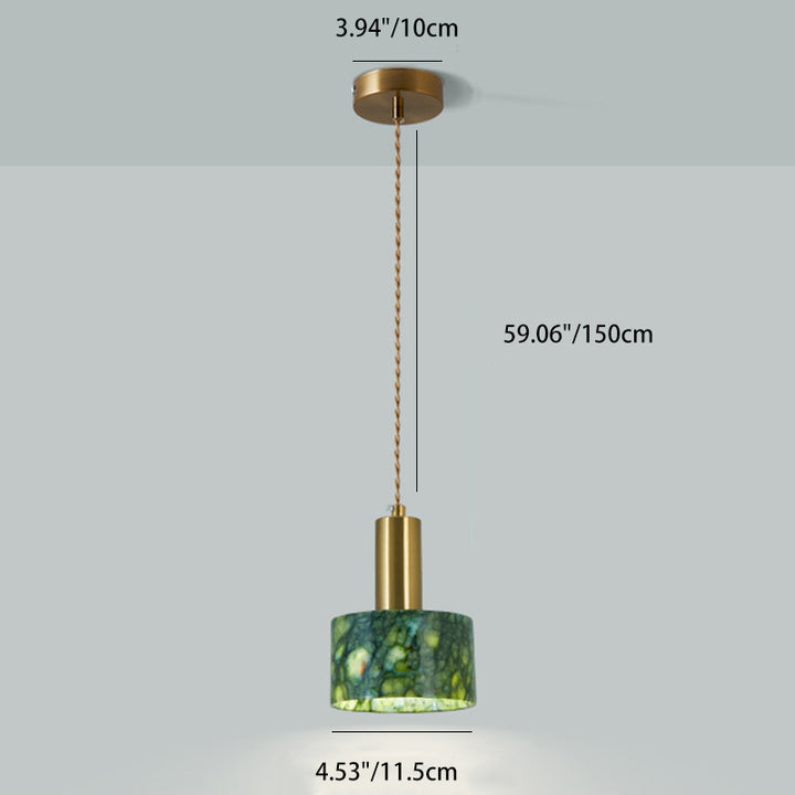 Traditional Japanese Globe &amp; Cylinder &amp; Semi-circle Jade Stone Metal 1-Light Pendant Light For Bedroom &amp; Living Room