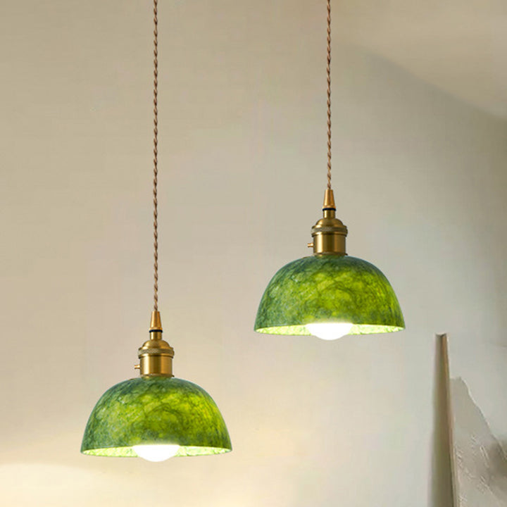 Traditional Japanese Globe &amp; Cylinder &amp; Semi-circle Jade Stone Metal 1-Light Pendant Light For Bedroom &amp; Living Room