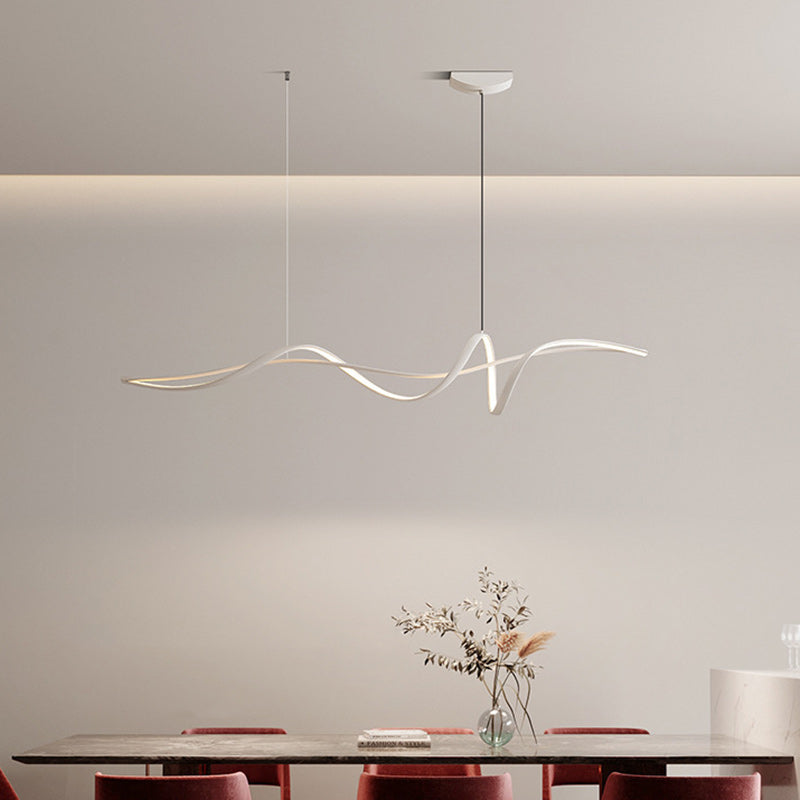 Modern Minimalist Aluminum, Iron &amp; Acrylic Curved Linear LED Island Light Chandelier For Dining Room, Bedroom &amp; Living Room