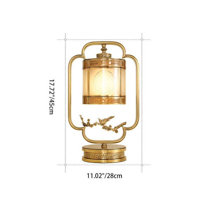 Traditional Chinese Copper &amp; Glass Cylindrical 1-Light Table Lamp For Bedroom &amp; Living Room