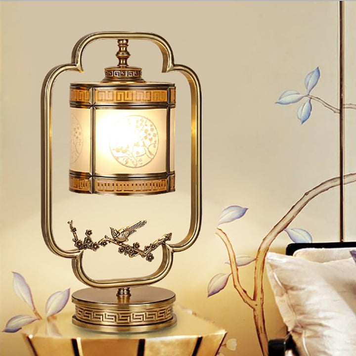 Traditional Chinese Copper &amp; Glass Cylindrical 1-Light Table Lamp For Bedroom &amp; Living Room