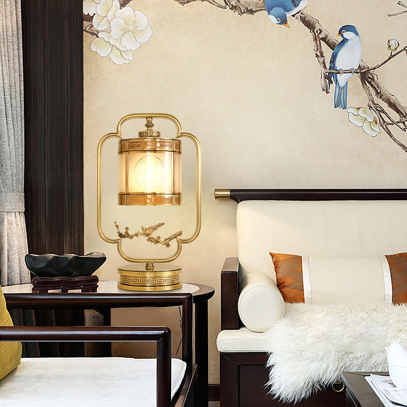 Traditional Chinese Copper &amp; Glass Cylindrical 1-Light Table Lamp For Bedroom &amp; Living Room