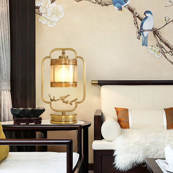 Traditional Chinese Copper &amp; Glass Cylindrical 1-Light Table Lamp For Bedroom &amp; Living Room