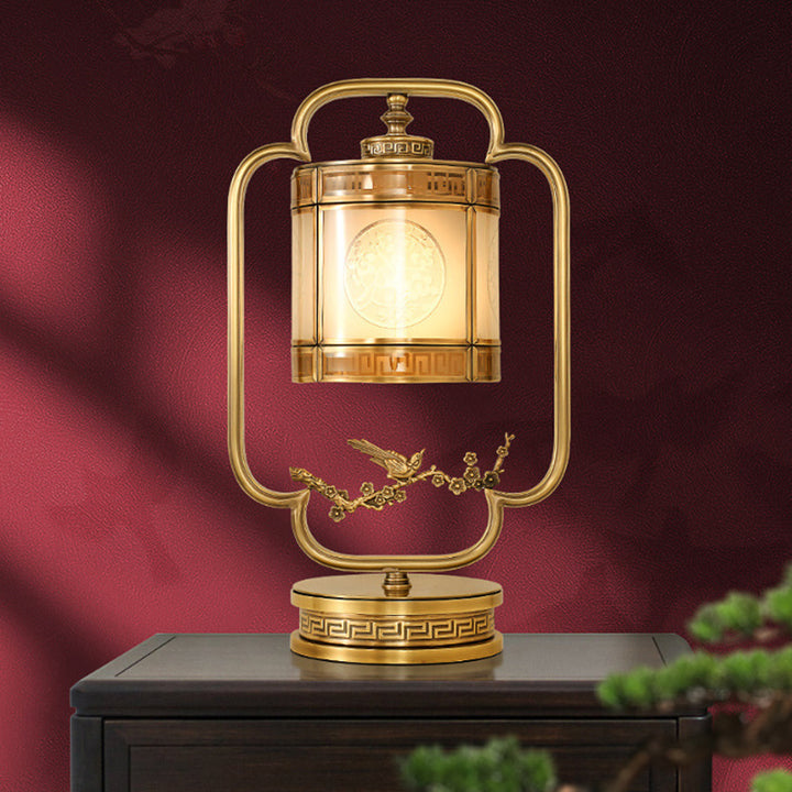 Traditional Chinese Copper &amp; Glass Cylindrical 1-Light Table Lamp For Bedroom &amp; Living Room