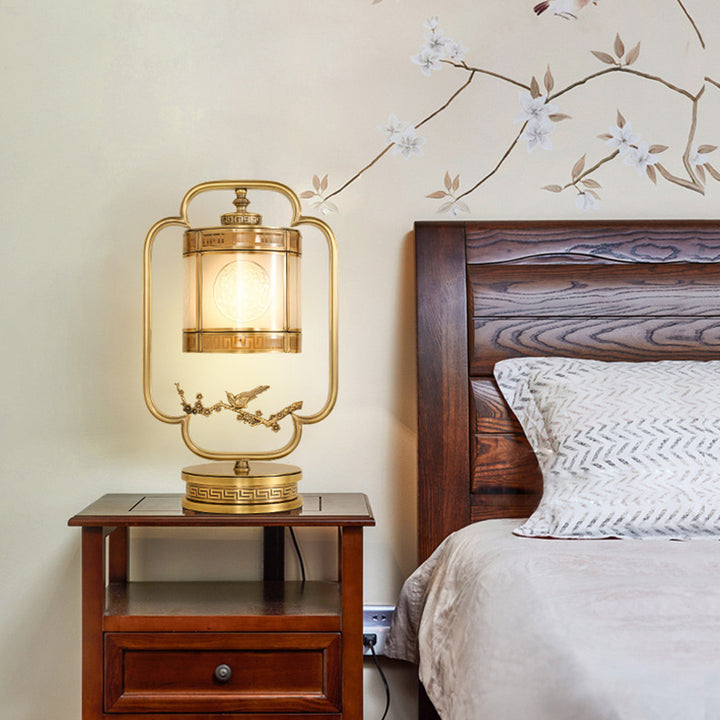 Traditional Chinese Copper &amp; Glass Cylindrical 1-Light Table Lamp For Bedroom &amp; Living Room