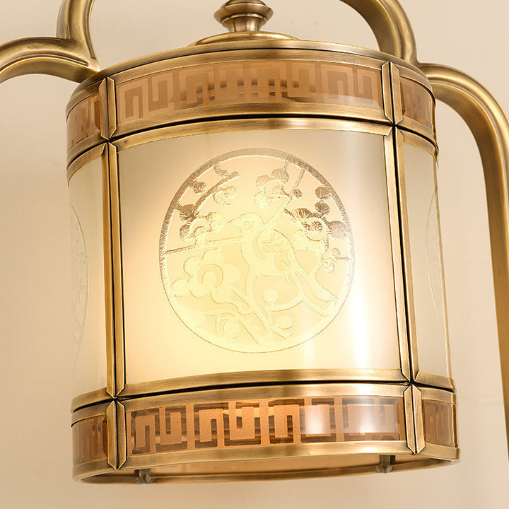 Traditional Chinese Copper &amp; Glass Cylindrical 1-Light Table Lamp For Bedroom &amp; Living Room