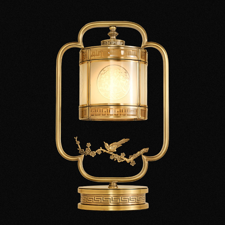 Traditional Chinese Copper &amp; Glass Cylindrical 1-Light Table Lamp For Bedroom &amp; Living Room