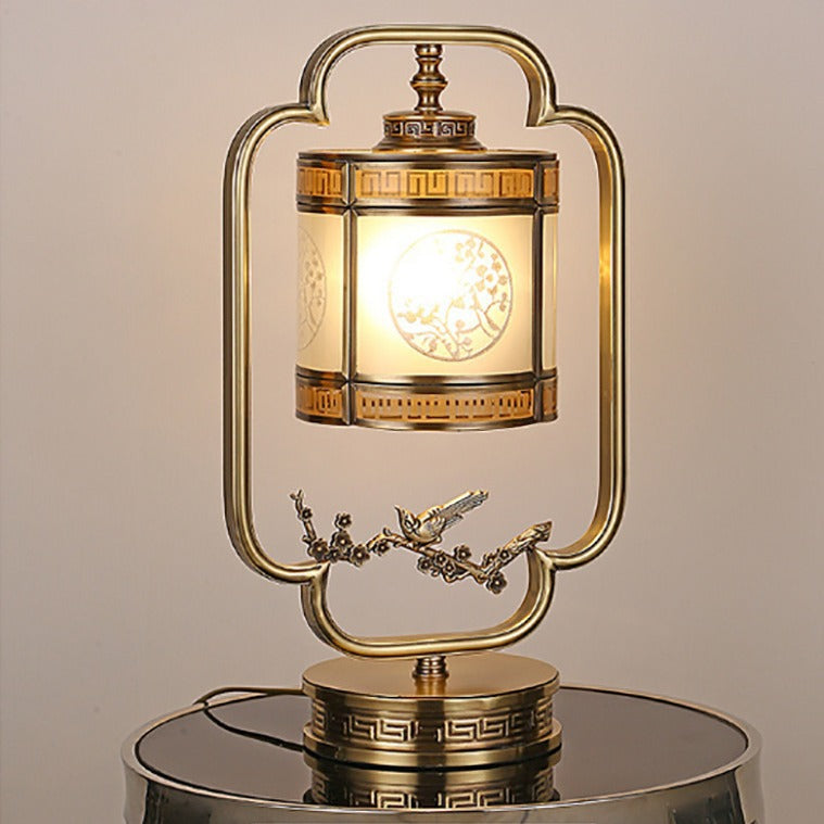 Traditional Chinese Copper &amp; Glass Cylindrical 1-Light Table Lamp For Bedroom &amp; Living Room