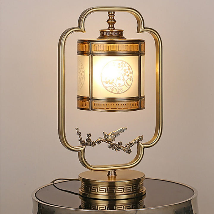 Traditional Chinese Copper &amp; Glass Cylindrical 1-Light Table Lamp For Bedroom &amp; Living Room