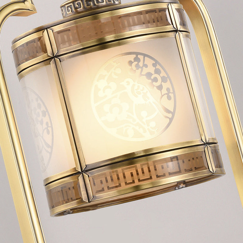 Traditional Chinese Copper &amp; Glass Cylindrical 1-Light Table Lamp For Bedroom &amp; Living Room