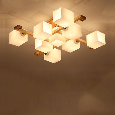 Contemporary Nordic Wood & Glass Square Cube 4/5/8/9-Light Semi-Flush Mount Ceiling Light For Bedroom & Living Room