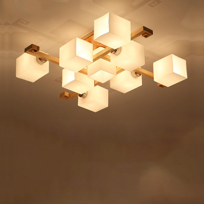 Contemporary Nordic Wood & Glass Square Cube 4/5/8/9-Light Semi-Flush Mount Ceiling Light For Bedroom & Living Room