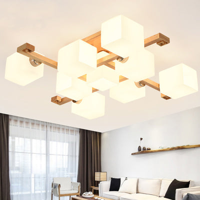 Contemporary Nordic Wood & Glass Square Cube 4/5/8/9-Light Semi-Flush Mount Ceiling Light For Bedroom & Living Room