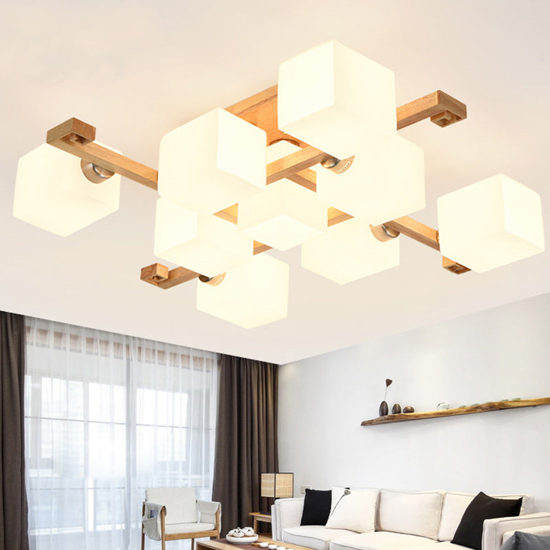 Contemporary Nordic Wood & Glass Square Cube 4/5/8/9-Light Semi-Flush Mount Ceiling Light For Bedroom & Living Room