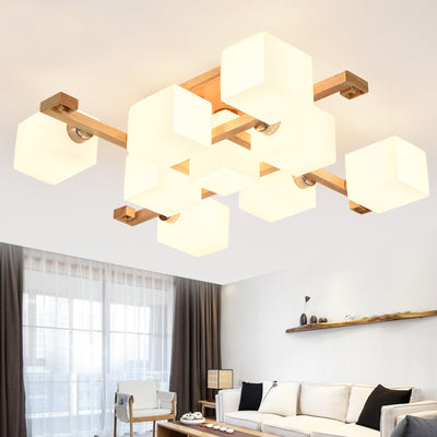 Contemporary Nordic Wood & Glass Square Cube 4/5/8/9-Light Semi-Flush Mount Ceiling Light For Bedroom & Living Room