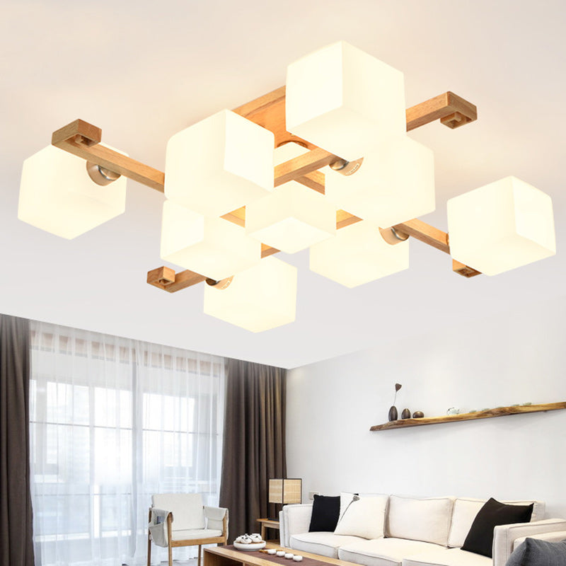 Contemporary Nordic Wood & Glass Square Cube 4/5/8/9-Light Semi-Flush Mount Ceiling Light For Bedroom & Living Room