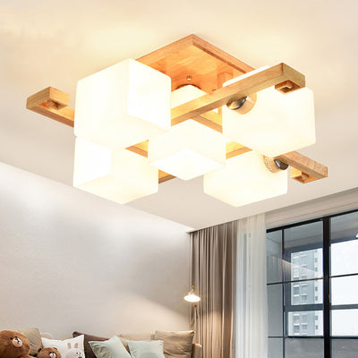 Contemporary Nordic Wood & Glass Square Cube 4/5/8/9-Light Semi-Flush Mount Ceiling Light For Bedroom & Living Room