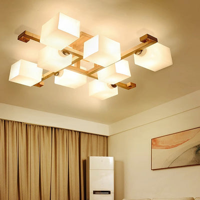 Contemporary Nordic Wood & Glass Square Cube 4/5/8/9-Light Semi-Flush Mount Ceiling Light For Bedroom & Living Room