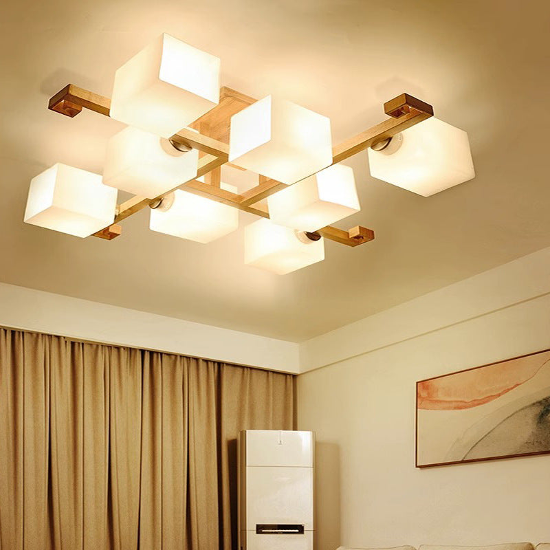 Contemporary Nordic Wood & Glass Square Cube 4/5/8/9-Light Semi-Flush Mount Ceiling Light For Bedroom & Living Room