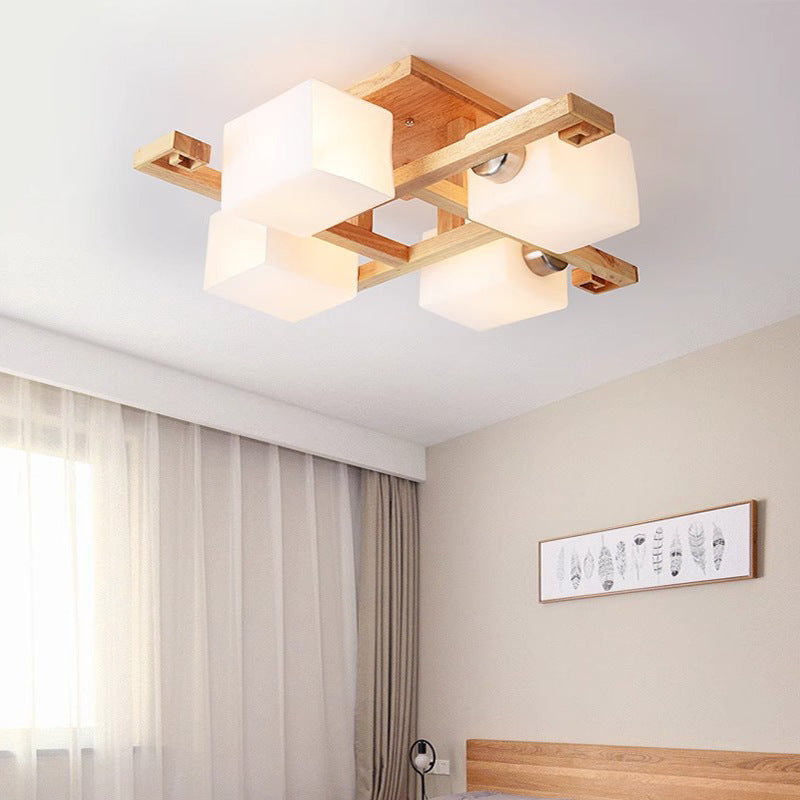 Contemporary Nordic Wood & Glass Square Cube 4/5/8/9-Light Semi-Flush Mount Ceiling Light For Bedroom & Living Room