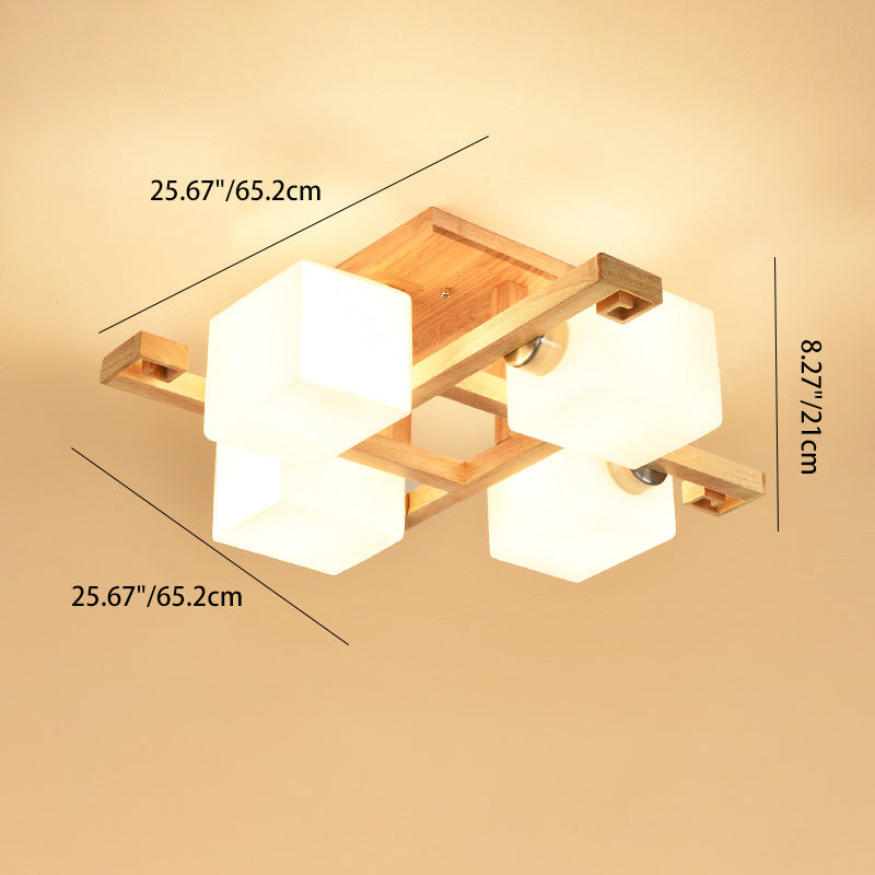 Contemporary Nordic Wood & Glass Square Cube 4/5/8/9-Light Semi-Flush Mount Ceiling Light For Bedroom & Living Room