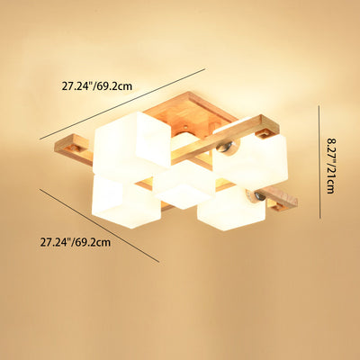 Contemporary Nordic Wood & Glass Square Cube 4/5/8/9-Light Semi-Flush Mount Ceiling Light For Bedroom & Living Room