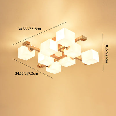 Contemporary Nordic Wood & Glass Square Cube 4/5/8/9-Light Semi-Flush Mount Ceiling Light For Bedroom & Living Room