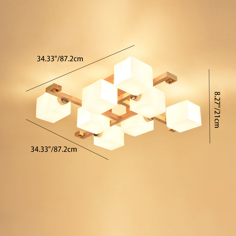Contemporary Nordic Wood & Glass Square Cube 4/5/8/9-Light Semi-Flush Mount Ceiling Light For Bedroom & Living Room