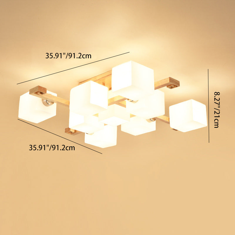 Contemporary Nordic Wood & Glass Square Cube 4/5/8/9-Light Semi-Flush Mount Ceiling Light For Bedroom & Living Room