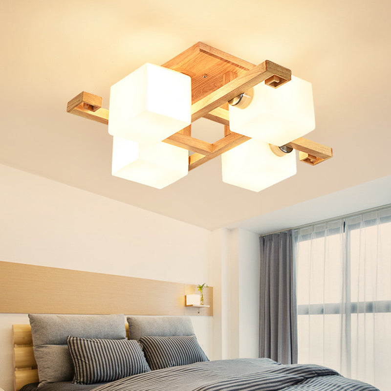 Contemporary Nordic Wood & Glass Square Cube 4/5/8/9-Light Semi-Flush Mount Ceiling Light For Bedroom & Living Room