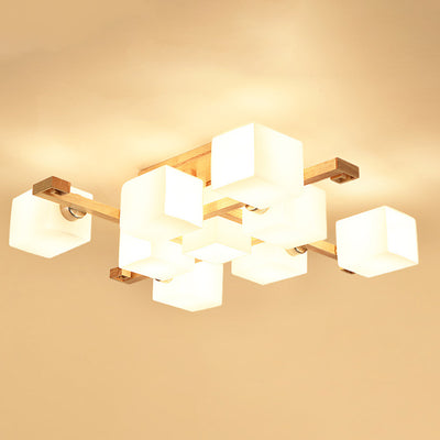 Contemporary Nordic Wood & Glass Square Cube 4/5/8/9-Light Semi-Flush Mount Ceiling Light For Bedroom & Living Room