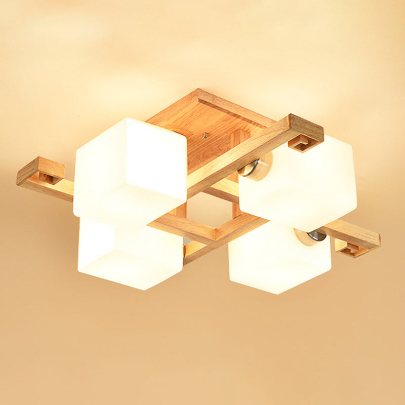 Contemporary Nordic Wood & Glass Square Cube 4/5/8/9-Light Semi-Flush Mount Ceiling Light For Bedroom & Living Room