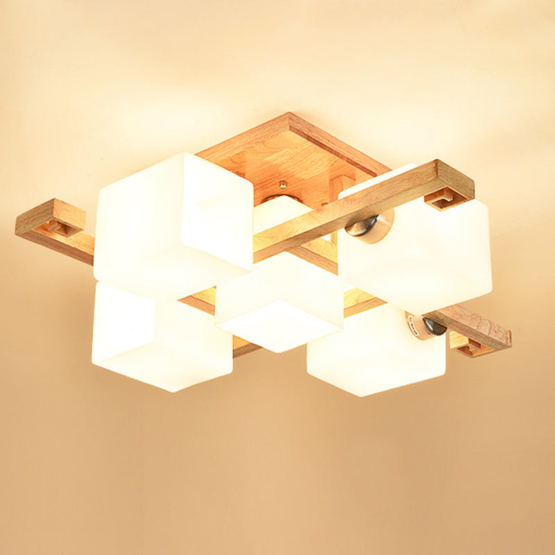 Contemporary Nordic Wood & Glass Square Cube 4/5/8/9-Light Semi-Flush Mount Ceiling Light For Bedroom & Living Room