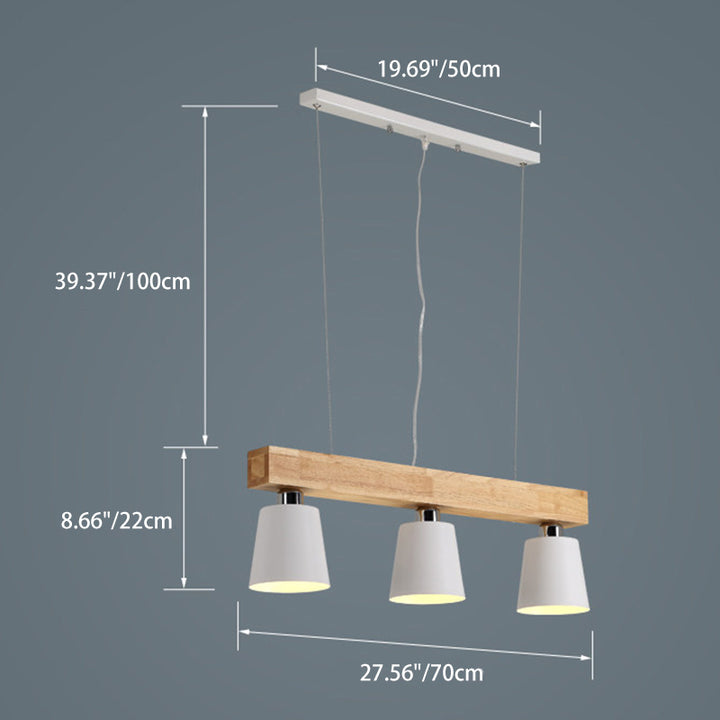 Contemporary Nordic Wood & Iron Cone Linear 3/5-Light Island Light Chandelier For Dining Room, Bedroom, Living Room