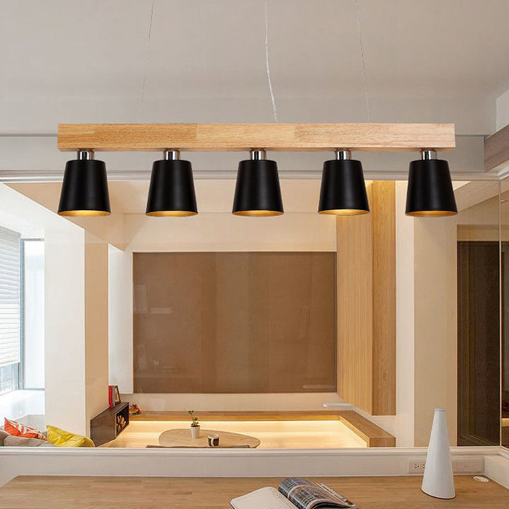 Contemporáneo Nórdico de Madera y Hierro Cono Lineal de 3/5 Luces Lámpara de Araña para Comedor, Dormitorio, Sala de Estar 
