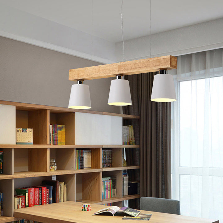 Contemporáneo Nórdico de Madera y Hierro Cono Lineal de 3/5 Luces Lámpara de Araña para Comedor, Dormitorio, Sala de Estar 