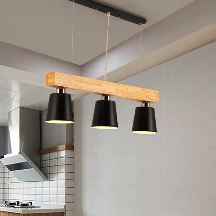 Contemporáneo Nórdico de Madera y Hierro Cono Lineal de 3/5 Luces Lámpara de Araña para Comedor, Dormitorio, Sala de Estar 