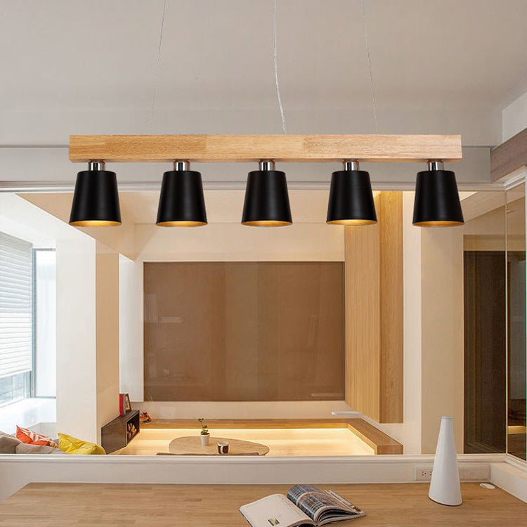 Contemporáneo Nórdico de Madera y Hierro Cono Lineal de 3/5 Luces Lámpara de Araña para Comedor, Dormitorio, Sala de Estar 