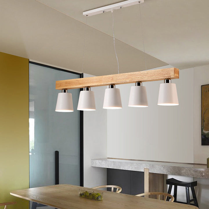 Contemporáneo Nórdico de Madera y Hierro Cono Lineal de 3/5 Luces Lámpara de Araña para Comedor, Dormitorio, Sala de Estar 