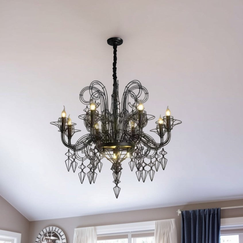 Traditional Vintage Carbon Steel Curved Round 9/12-Light Chandelier For Living Room, Bedroom