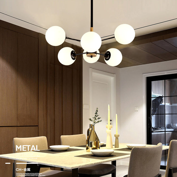 Zeitgenössischer nordischer Kronleuchter aus Metall, Holz &amp; Glas mit 6/8/10/12 Lichtern für Schlafzimmer &amp; Wohnzimmer 