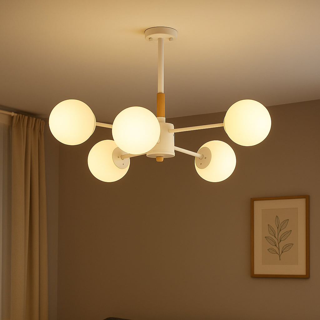 Zeitgenössischer nordischer Kronleuchter aus Metall, Holz &amp; Glas mit 6/8/10/12 Lichtern für Schlafzimmer &amp; Wohnzimmer 