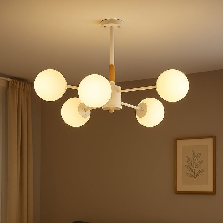 Zeitgenössischer nordischer Kronleuchter aus Metall, Holz &amp; Glas mit 6/8/10/12 Lichtern für Schlafzimmer &amp; Wohnzimmer 