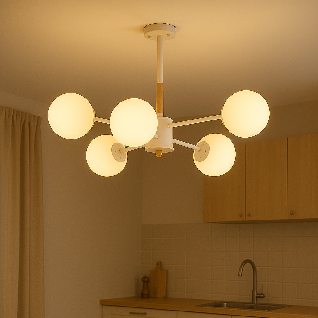 Zeitgenössischer nordischer Kronleuchter aus Metall, Holz &amp; Glas mit 6/8/10/12 Lichtern für Schlafzimmer &amp; Wohnzimmer 