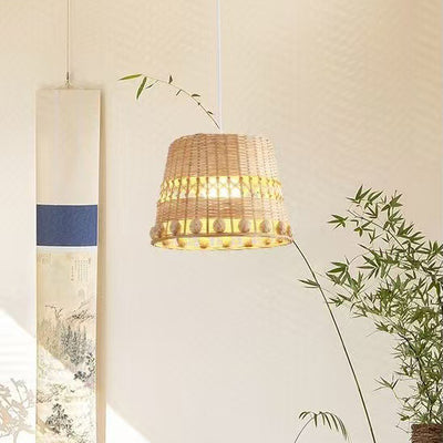 Traditional Japanese Bamboo Round 1-Light Pendant Light With Handwoven Design For Bedroom, Living Room & Dining Area