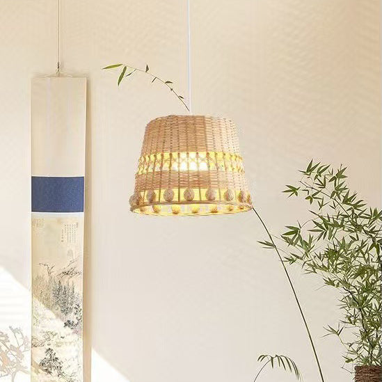 Traditional Japanese Bamboo Round 1-Light Pendant Light With Handwoven Design For Bedroom, Living Room & Dining Area