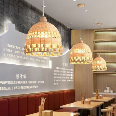 Traditional Japanese Bamboo Round 1-Light Pendant Light With Handwoven Design For Bedroom, Living Room & Dining Area