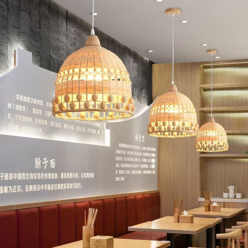 Traditional Japanese Bamboo Round 1-Light Pendant Light With Handwoven Design For Bedroom, Living Room & Dining Area