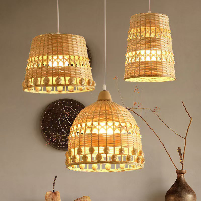 Traditional Japanese Bamboo Round 1-Light Pendant Light With Handwoven Design For Bedroom, Living Room & Dining Area