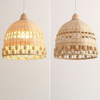 Traditional Japanese Bamboo Round 1-Light Pendant Light With Handwoven Design For Bedroom, Living Room & Dining Area